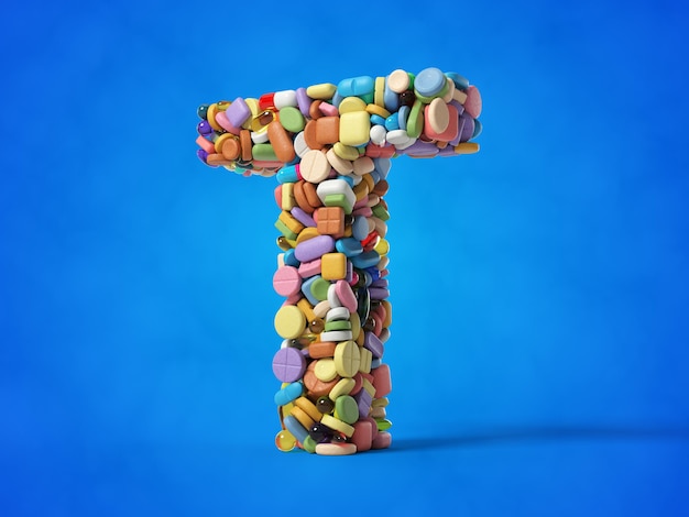 Diverse pillole impilano a forma di lettera t. adatte a temi di medicina, sanità e scienza. illustrazione 3d con sfondo blu.