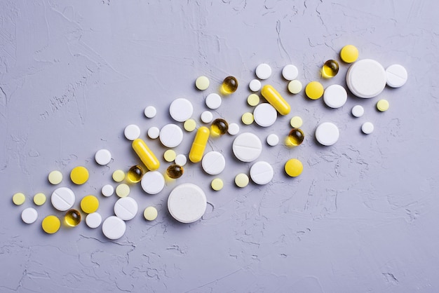 Different pills, tablets and capsules. Assorted of medicines