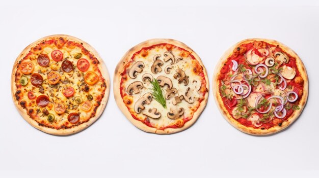 Photo different pizzas set on a bright background