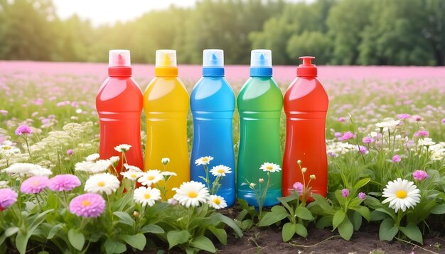 different plastic bottles with washing liquid