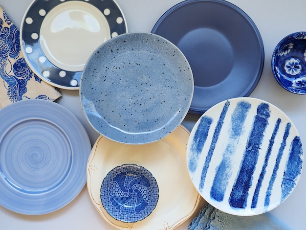 different plates in blue and white pattern