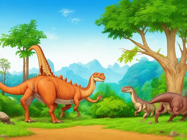 Different prehistoric forest scenes cartoon background