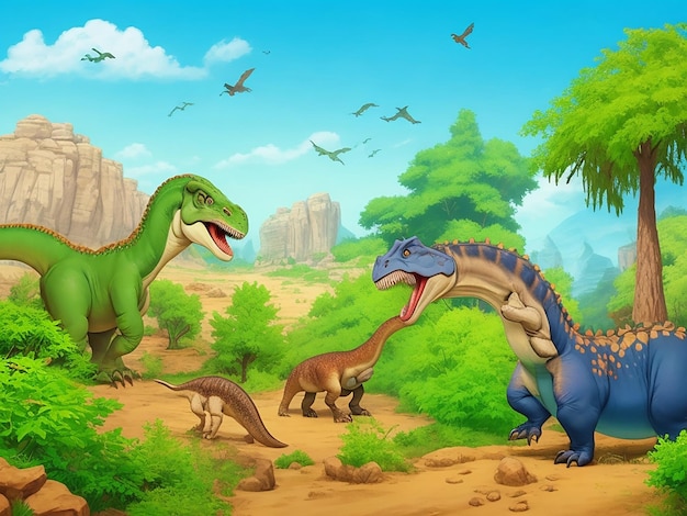 Different prehistoric forest scenes cartoon background