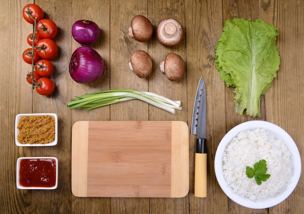 Different products on kitchen table closeup