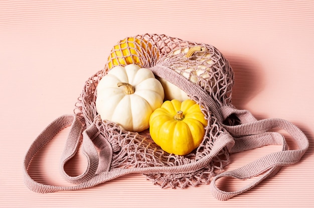 Different pumpkins in mesh shopping bag