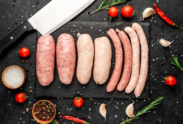 different raw sausages with spices on a stone background