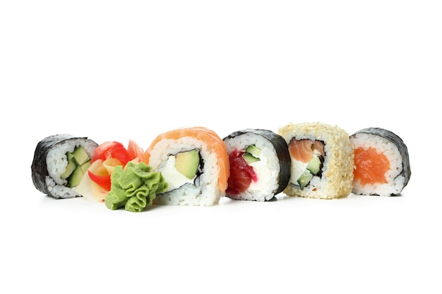 Different rolls and maki isolated on white background