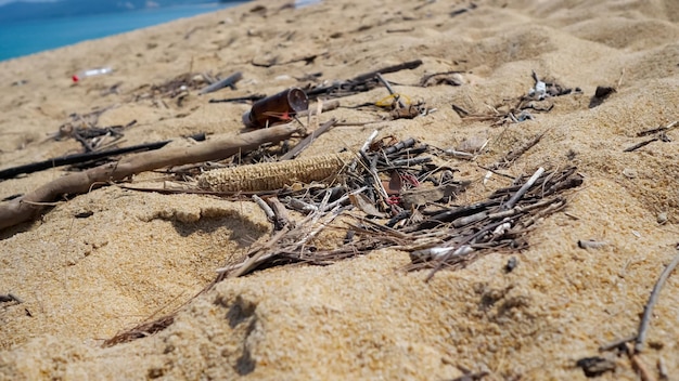 Different rubbish on the sand by the sea closeup