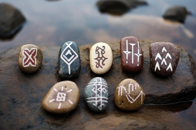 Different runes drawn on pebbles