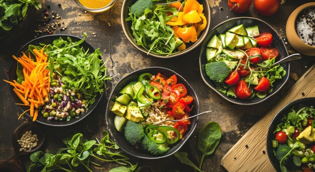 different salads and vegetables are shown in bowls