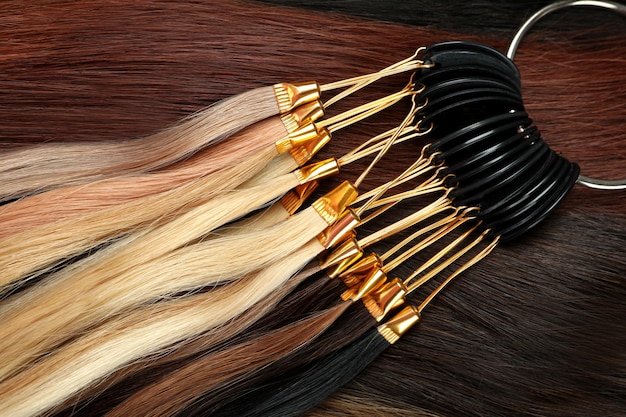 Different samples of female hair, close up