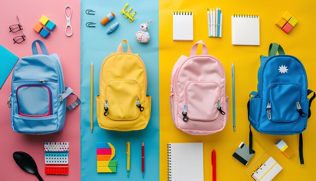 Different school backpacks with stationery on colorful background top view