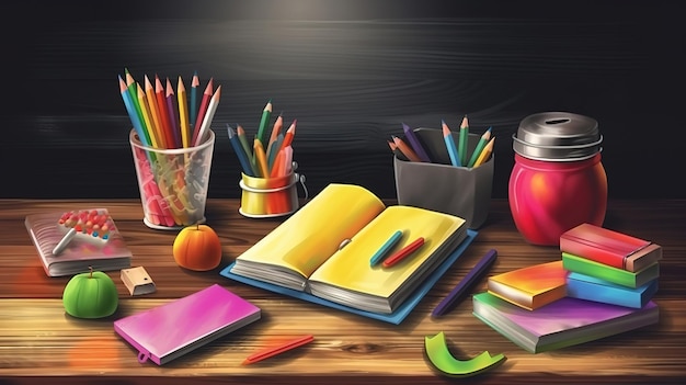 Different school stationery and tablet computer on wooden background Generative Ai