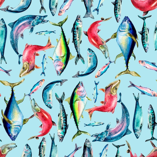 Различные морские рыбы бесшовные модели акварельные иллюстрации, изолированные на синий