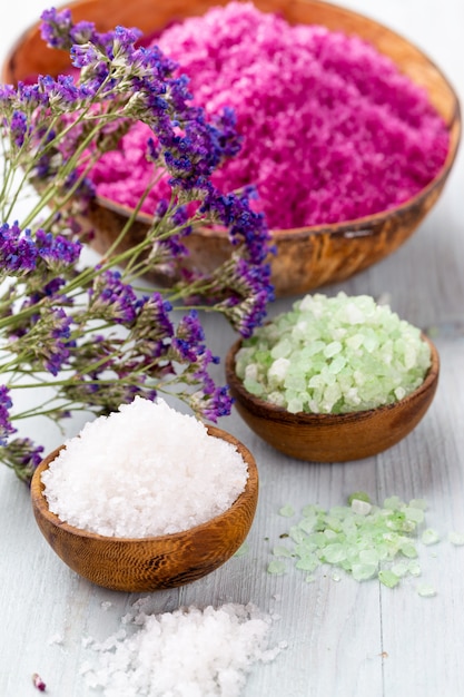 Different Sea salt in wooden bowls