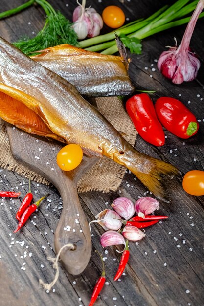 different sea smoked river fish lies on a screw-up rustk on a chopping board and a table, the ropes,