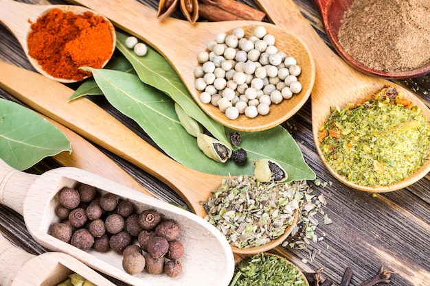 Different seasonings and spices in wooden spoons