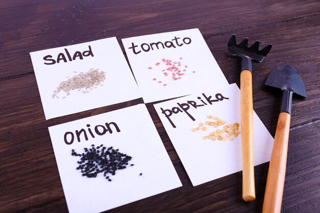 Different seeds on pieces of paper with gardening tools on wooden background