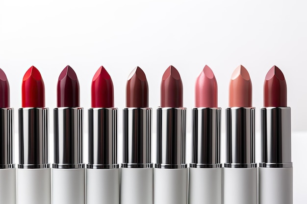 Different shades of red lipsticks on a white tabletop in a close up