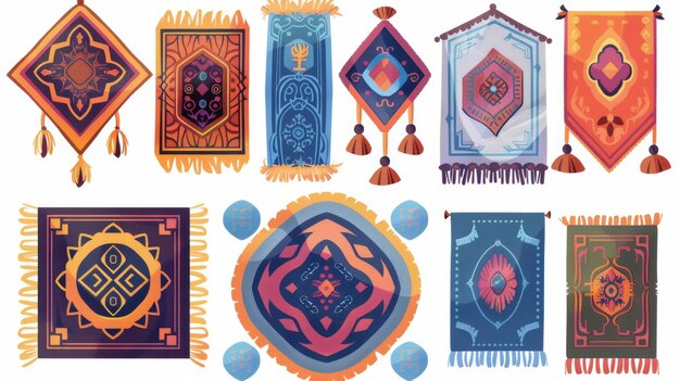 Different shapes designs and colors of carpets or rugs Floor covering interior decor fringed edges cozy home decoration isolated on white background Cartoon modern illustration