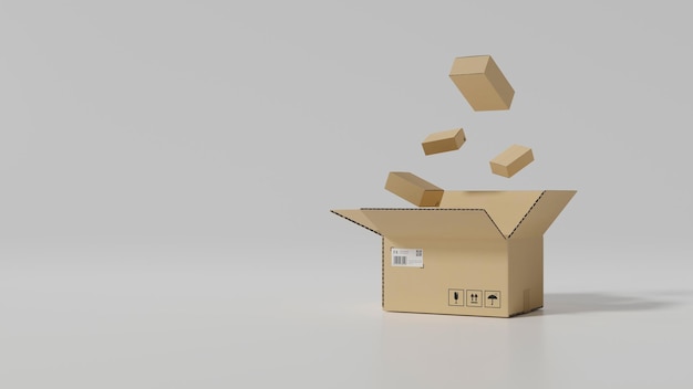 Different size of cardboard boxes and  opened parcel box on white background and copy space. parcel delivery concept. 3d rendering, 3d illustration