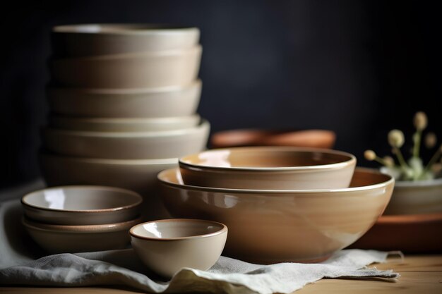 Different size plate and bowls on artistic background Flat lay Brown and natural color plates Ceramic pottery Generative Ai