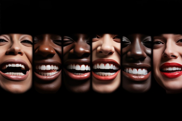 Foto diversi volti sorridenti di persone con denti perfetti su sfondo nero