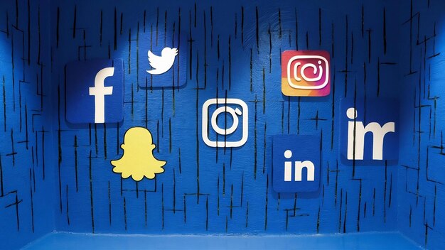 Different social media icons on blue painted wall