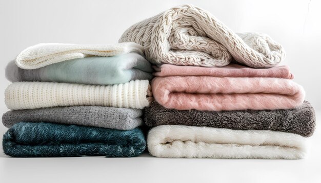 Different soft folded blankets on white background