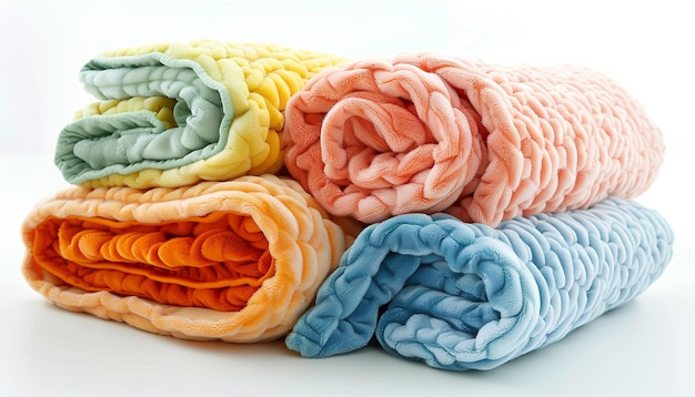 Различные мягкие сложенные одеяла на белом фоне