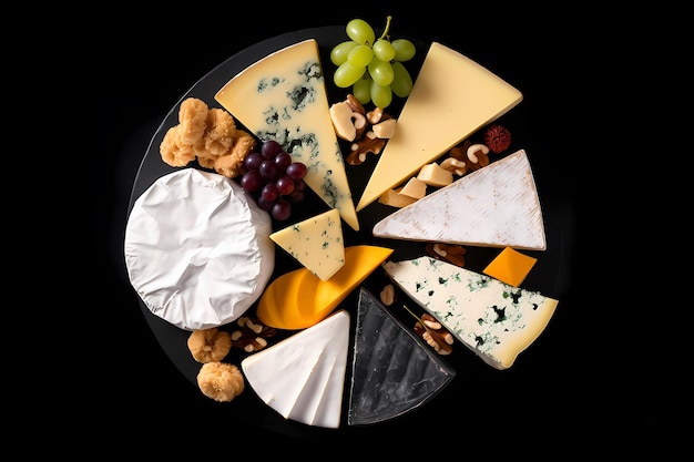 Different sorts of cheese set Cheese platter with various cheese with grapes nuts cheese knife