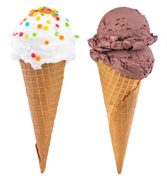 Different sorts of Ice Cream in a waffles cones isolated on white background, with clipping path.