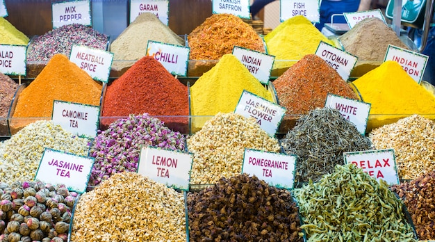 Different sorts of tea and spices on the Egyptian bazaar in Istanbul