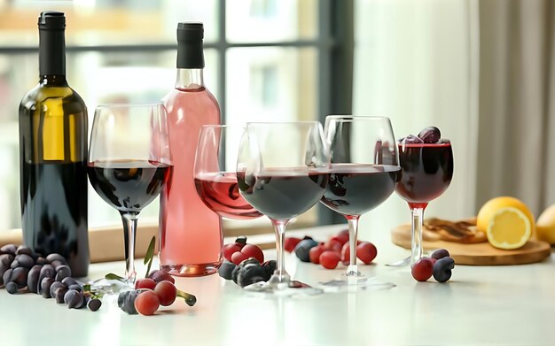 Different sorts of wine and wine cocktails in glasses prepared for tasting on white table indoors