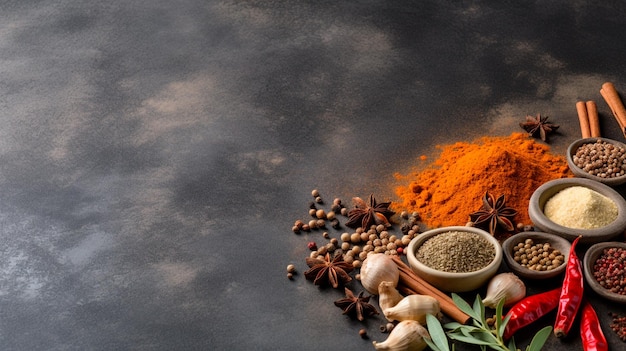 different spices in a black bowl on a dark background top view copy space