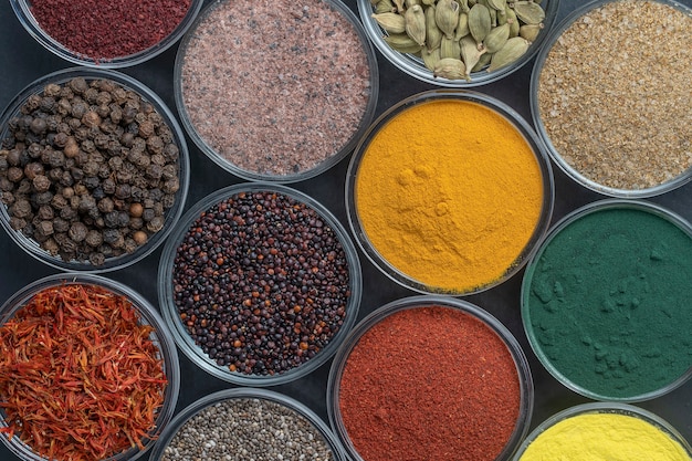 Different spices and herbs on background, close up, top view. Assortment colorful spices, seeds and herbs for cooking food