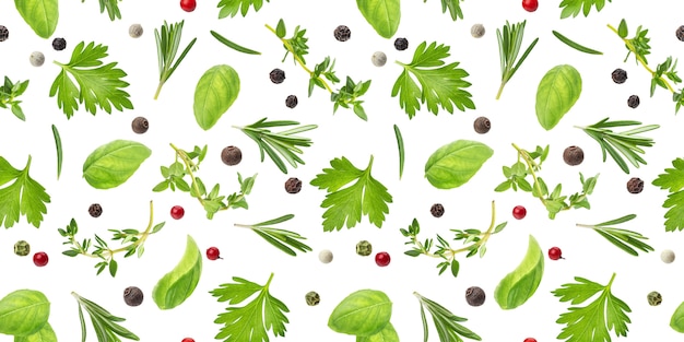 Different spices and herbs seamless pattern isolated , top view