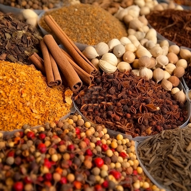Different spices and spices beautiful food background cinnamon cloves turmeric saffron pepper