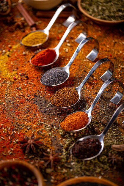 Different spices in spoons