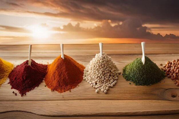 different spices on a wooden board with the sunset in the background