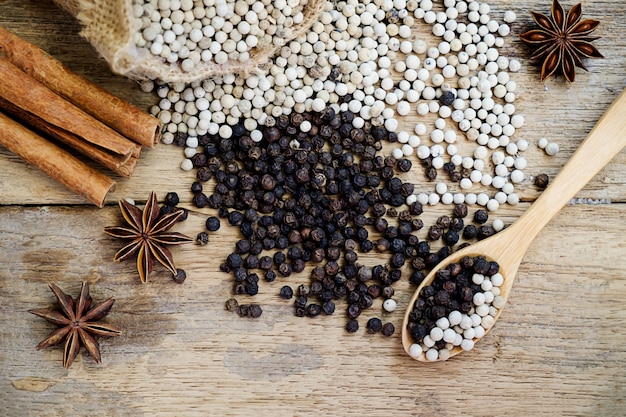 different spices on wooden table