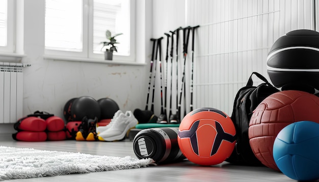 Different sports equipment in light room