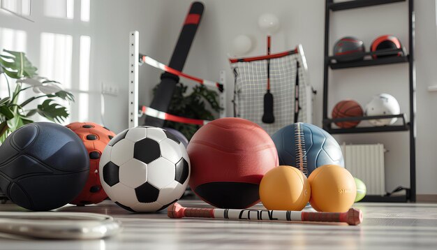 Different sports equipment in light room