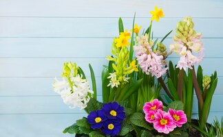 Photo different spring flowers on blue wooden background