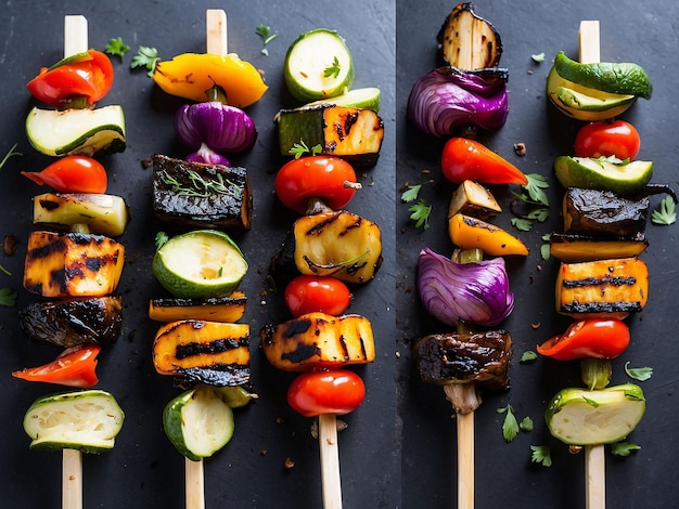 Photo different stages of grilling vegetable skewers captured