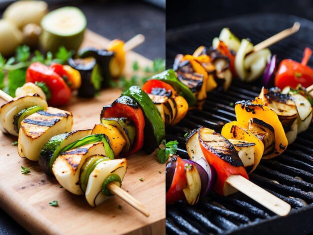 Different stages of grilling vegetable skewers captured