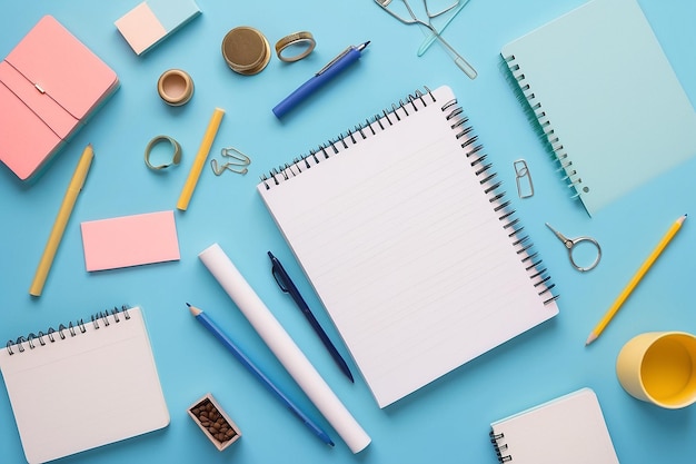 different stationary items and notebooks on the blue background minimalism flat lay