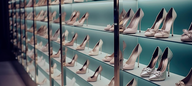 Different stylish women's shoes on a store shelves