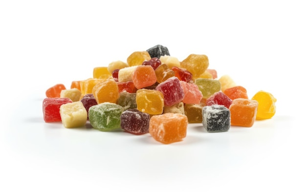 different sweet candied fruit cubes on a white background candied fruit jelly candies ai generated