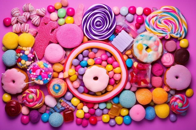 Различные сладости на цветном фоне